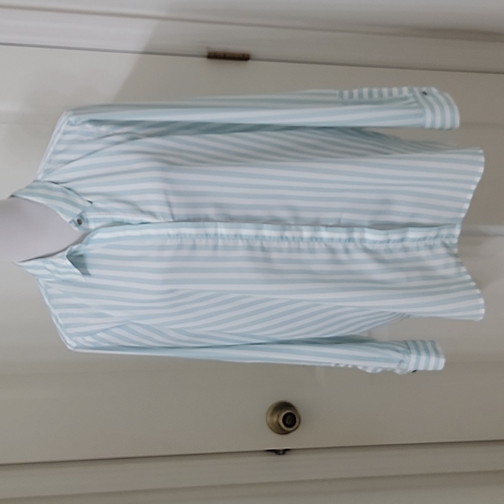 Ellen Tracy Size XL Light Blue-Green and White Striped Button Down Blouse, EUC